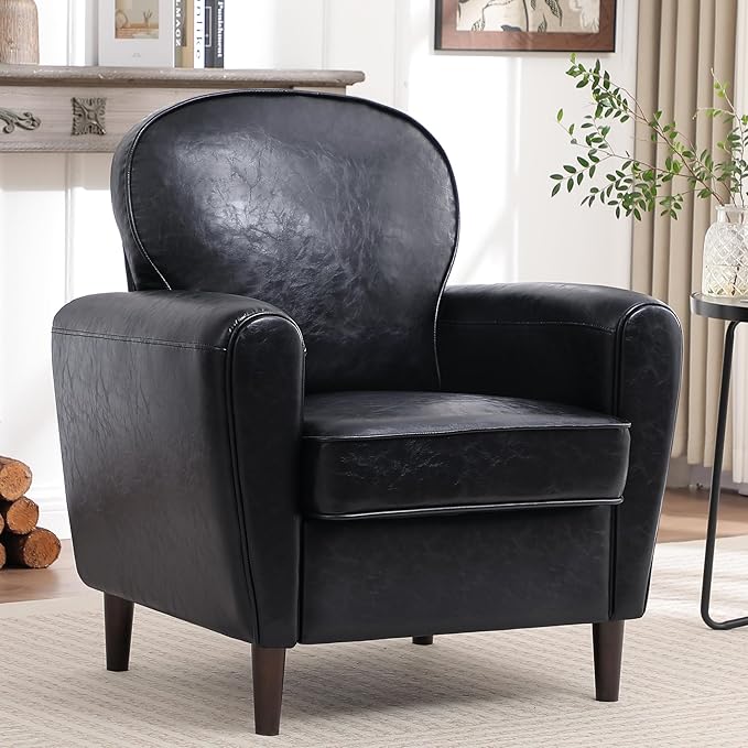 Accent Chair Set of 2, Mid Century Modern Faux Leather Arm Chair with Thick Cushion and Back, Comfy Upholstered Reading Chair Single Sofa Chair for Living Room, Bedroom, Club, Black