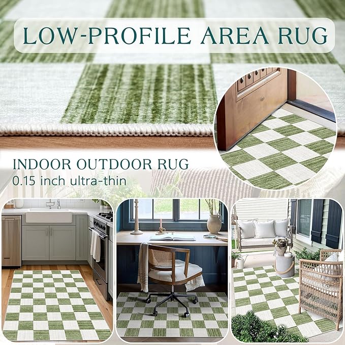 Green White Checkered Entry Rug - 3x5 Ft Non-Slip Washable Indoor Outdoor Front Door Mat Outside Entrance Porch Rug Geometric Rugs for Living Room Bedroom Entryway Kitchen Office Porch Decor