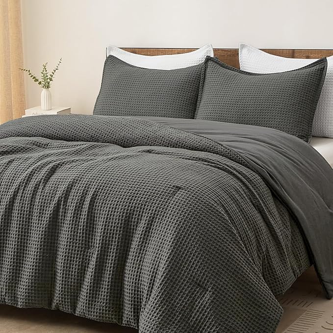 PHF Ultra Soft Waffle Weave Comforter Set Twin Size, 2 Pieces Lightweight Breathable Comfy Bedding Set, Comfy Textured 1 Comforter with 1 Pillow Shams, Grey