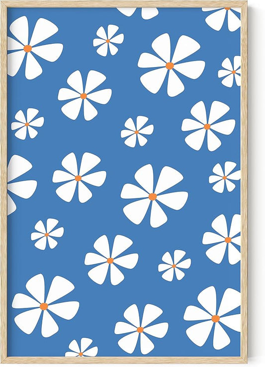 HAUS AND HUES Daisy Wall Art - Blue Floral Print, Aesthetic Flower Painting for Living Room Decor (Beige Frame, 24x36)