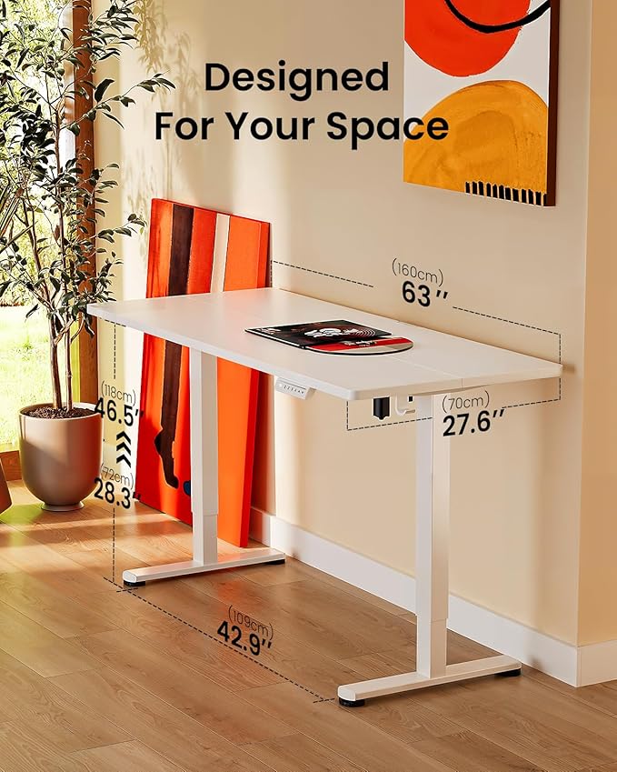 ErGear Height Adjustable Electric Standing Desk, 63 x 28 Inches Sit Stand up Desk, Large Memory Computer Home Office Desk with Two-Piece Desktop (White)