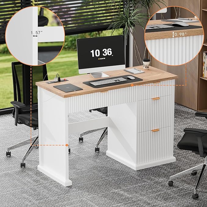 47" Farmhouse Executive Desk, Home Office Desk with Drawers and Charging Station, Wood Home Office Desk, Fluted Computer Writing Desk for Study, Living Room, Bedroom