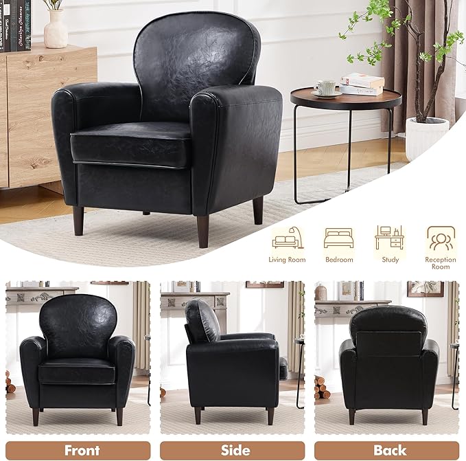 Accent Chair Set of 2, Mid Century Modern Faux Leather Arm Chair with Thick Cushion and Back, Comfy Upholstered Reading Chair Single Sofa Chair for Living Room, Bedroom, Club, Black