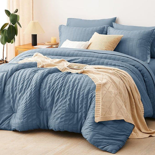 CozyLux California King Comforter Set with Sheet 7 Pieces Grayish Blue Seersucker Bed in a Bag, Dusty Blue Cal King All Season Bedding Set Gift, Down Alternative Comforter, Sheets, Pillowcases & Shams
