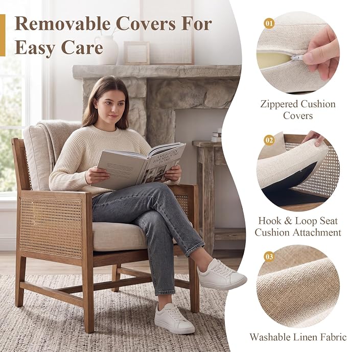 chairus Mid-Century Modern Accent Chairs Set of 2, Upholstered Solid Wood Armchairs with Cane Armrests & Slat Back, Comfy Rattan Reading Chairs for Living Room Bedroom Guest Room, Beige Linen