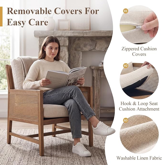 chairus Mid-Century Modern Accent Chair, Upholstered Solid Wood Armchair with Cane Armrests & Slat Back, Comfy Rattan Reading Chair for Living Room Bedroom Guest Room, Beige Linen
