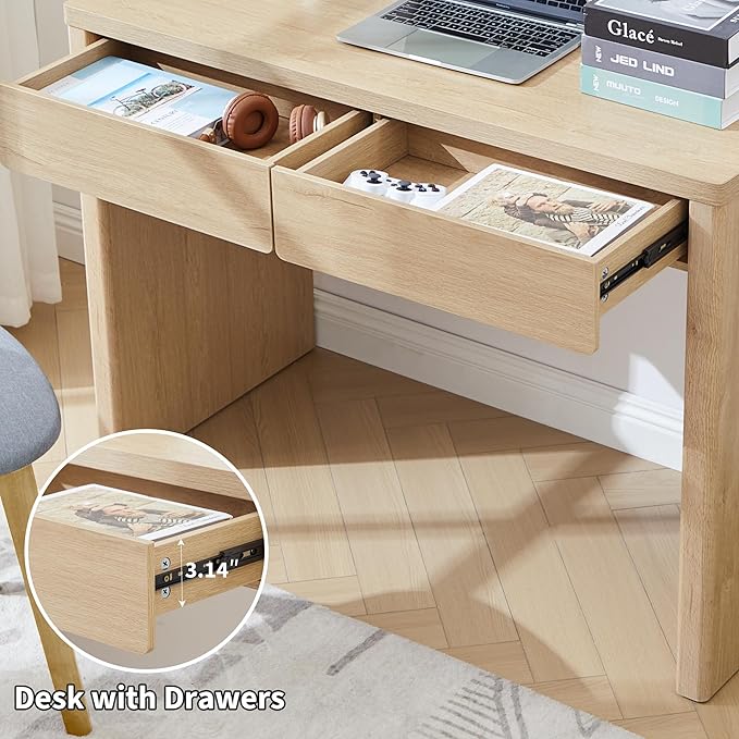 43 Inch Small Computer Desk with 2 Drawers, Mid Century Modern Writing Study Table for Home Office, Vintage PC Work Desk with Storage for Bedroom Small Spaces, Easy Assembly, MDF - Natural