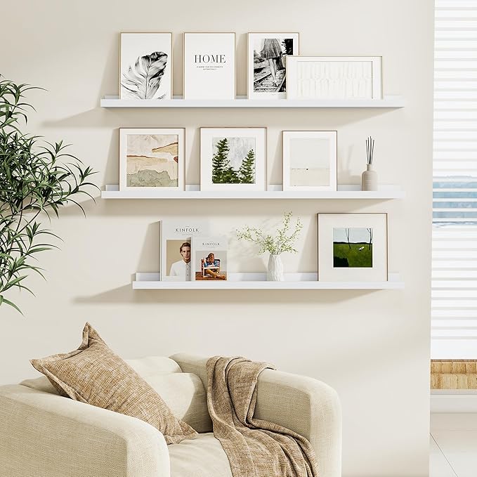 Fun Memories Picture Ledge Shelf, White Floating Shelves Set of 4, 40 Inch Picture Shelves for Wall with Ledge, Large Nursery Book Shelf for Toys Storage, Living Room, Bedroom Decor Frames