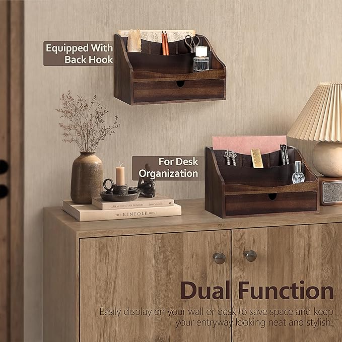 Rebee Vision Acacia Wood Mail Organizer for Desk – Retro Countertop Mail Holder with Dividers – 4-Slot Letter Sorter for Office Accessories – Desktop Organizer for Home Decor (Dark Acacia)