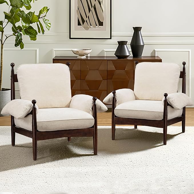 AQO Mid Century Modern Accent Chair with Arms, Upholstered Spindle Chair with Wood Frame, High-Resilience Sponge Cushion for Living Room Bedroom Office