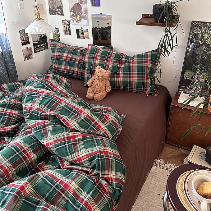 mixinni Vintage Green Buffalo Plaid Washed Cotton Duvet Cover Twin - Soft Breathable Textured Bedding Set with Zipper Closure for All Seasons-1 Duvet Cover + 2 Pillow Shams-Twin Size