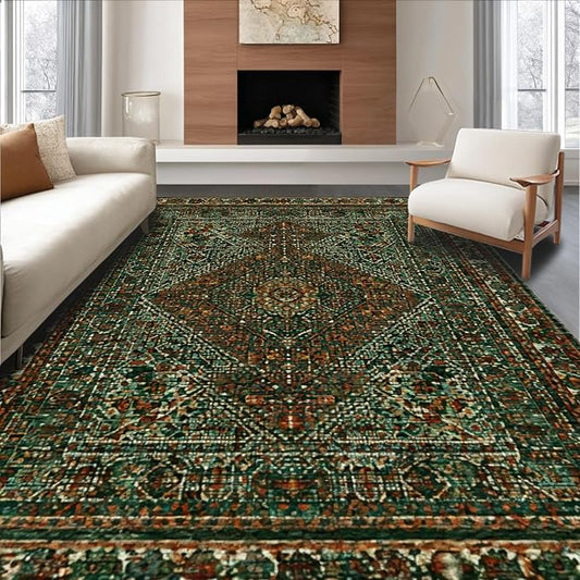 Flatwoven High Traffic Area Rug 5x7, Nordic Geometric Runic Motif with Interlaced Diamonds and Earthy Tones, Non Slip, Stain Resistant, Washable Area Rugs for Living Room, Bedroom (Green, 5x7)
