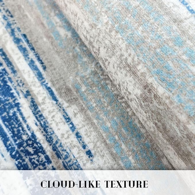 Lansny Modern Abstract Runner Rug 2.6x12, Blue Washable Long Kitchen Runner Non-Slip Soft Hallway Rug Runner Thin Print Faux Wool Carpet for Entryway Bedroom Laundry Room Indoor Home Decor