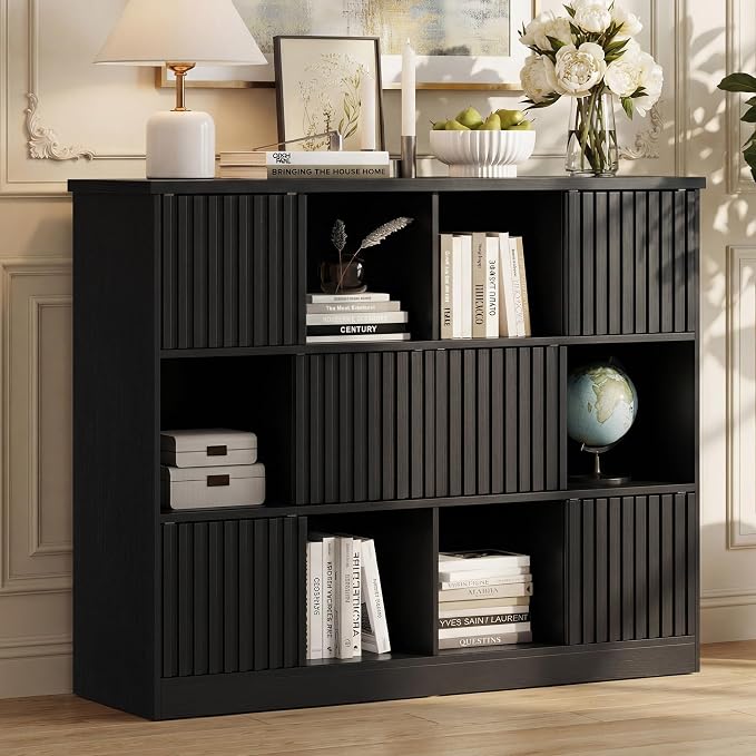 Einhomn 12 Cube Storage Organizer with Sliding Doors, Modern Fluted Bookshelf with Storage Cabinet, Wooden Bookcase with 6 Open Shelves for Living Room, Home Office, Bedroom, Black