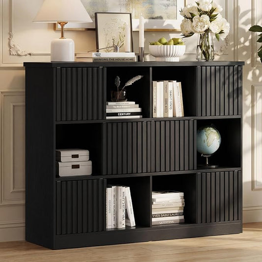 Einhomn 12 Cube Storage Organizer with Sliding Doors, Modern Fluted Bookshelf with Storage Cabinet, Wooden Bookcase with 6 Open Shelves for Living Room, Home Office, Bedroom, Black