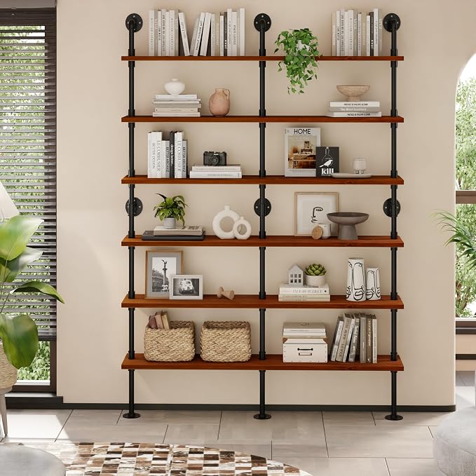 6 Tier Industrial Ladder Shelf Bookcase, Wall Mounted Rustic Bookshelf for Living Room Decor and Storage (Walnut Color, 6 Tier - 10" D x 60" W x 82.5" H)