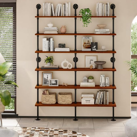 6 Tier Industrial Ladder Shelf Bookcase, Wall Mounted Rustic Bookshelf for Living Room Decor and Storage (Walnut Color, 6 Tier - 10" D x 60" W x 82.5" H)