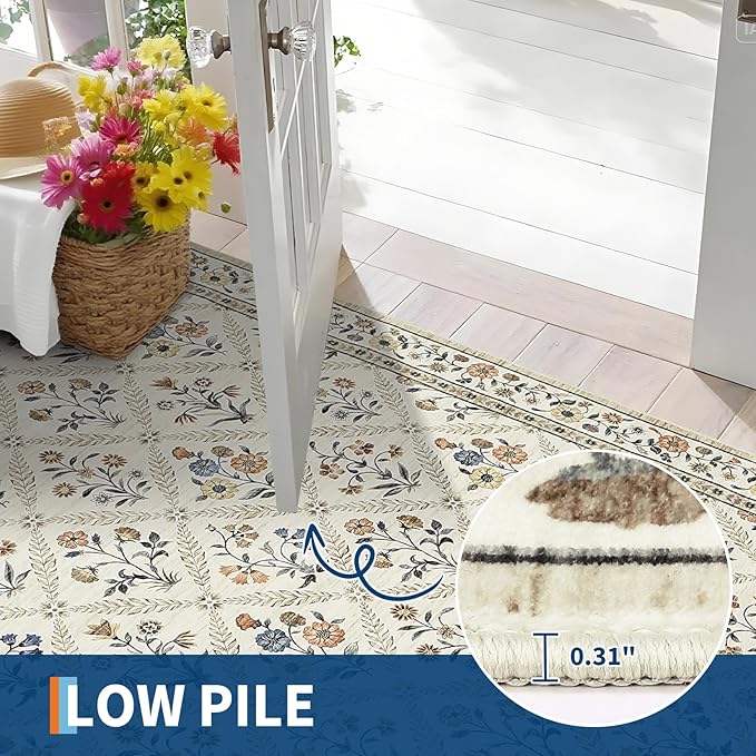 GarveeHome 6x9 Machine Washable Area Rugs for Living Room Floral Stain Resistant Soft Carpet Vintage Low Pile Non Slip Non-Shedding Floor Carpet Rugs for Bedroom Nursery Beige