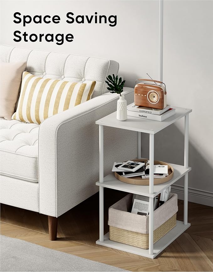 PARTPHONER Floor Lamp with Table, Night Stand with Lamp, Narrow Side Table with 3CCT LED Bulb, Small Coffee Table, Modern End Table with Storage Shelves for Living Room Bedroom Home Décor, White