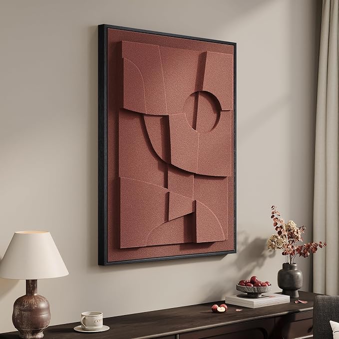 Framed 3D Abstract Wall Art, Red Textured Paintings Artwork for Walls, Modern Minimalist Geometric Wall Decor for Living Room Bedroom Dining Room Hallway Entryway Office 24x36 Inch