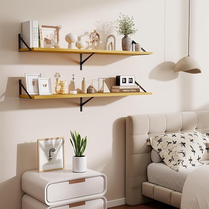 48inch Floating Shelves for Wall,10" Deep Floating Shelves with Metal Brackets,Wall Mounted Hanging Floating Shelf,Wide Display Shelves for Living Room,Bedroom,Office,Kitchen,Oak