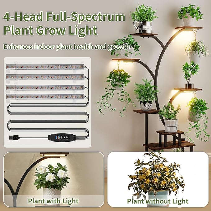 VECELO Plant Stand with Grow Light, 8-Tier Plant Shelf for Multiple Pots , 62" Corner Plant Stand Indoor for Living Room Patio Home Decor