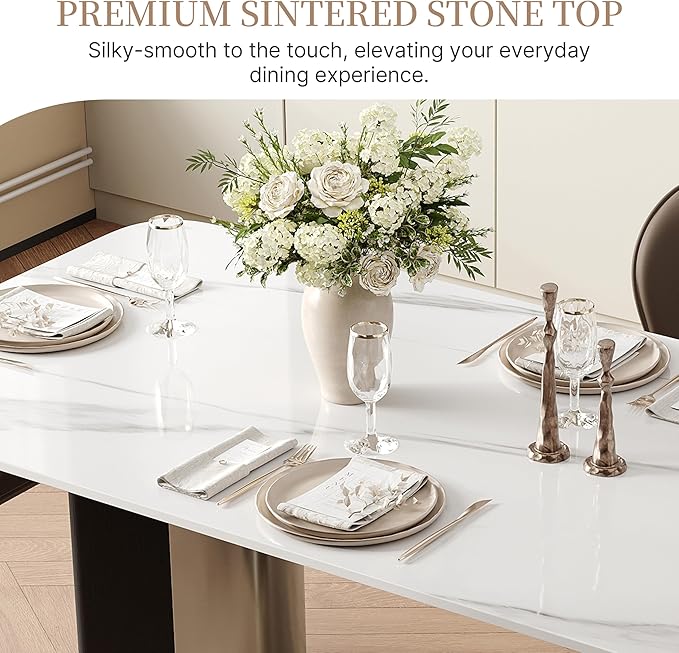 Modern Sintered Stone White Dining Table for 4-6 with Stainless Steel & Wood Legs, 63 Inch Glossy Kitchen Table, Easy Assembly Rectangular Dining Room Table (Table Only)