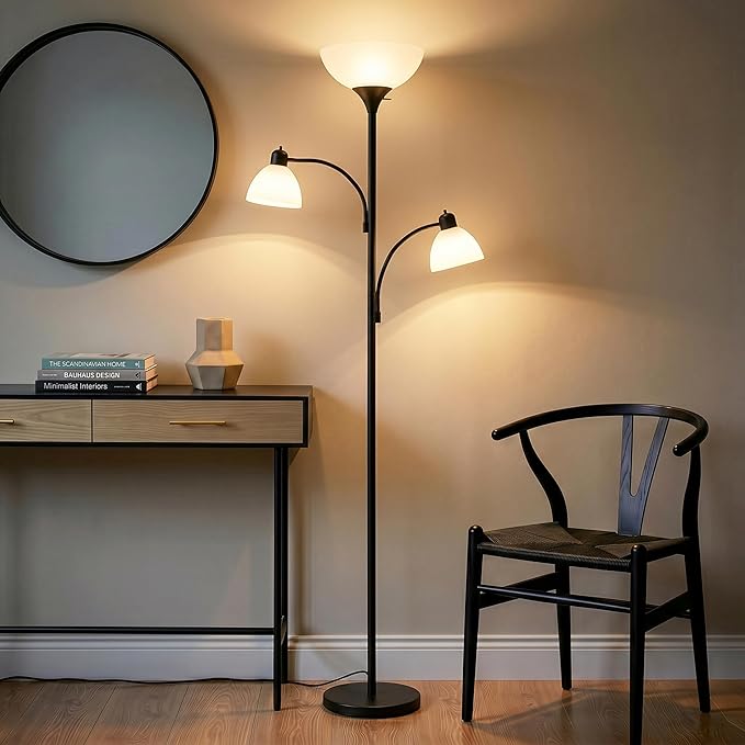 Brightech Sky Dome Double LED Floor Lamp, Torchiere Super Bright Floor Lamp with 2 Reading Lamps for Living Rooms & Offices - Dimmable Tall Standing Lamp for Bedroom Reading - Tall Black Pole