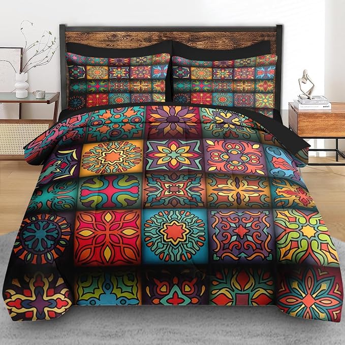 Pamnest Comforter Set King Size, Colorful Vintage Floral 7 Pcs Bedding for Kids and Adults, Mandala Bohemian Flower Bed Sheet Sets with Fitted Sheet 2 Pillowcases & 2 Shams for Bedroom Bed Decor
