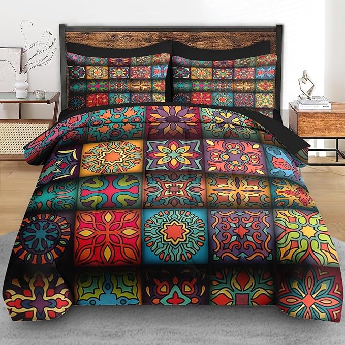 Pamnest Comforter Set Queen Size, Colorful Vintage Floral 7 Pcs Bedding for Kids and Adults, Mandala Bohemian Bed Sheet Sets with Fitted Sheet 2 Pillowcases & 2 Shams for Bedroom Bed Decor