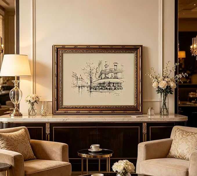 Vintage Gold Framed Black and White Sketch Wall Art French Cafe Sketch Canvas Prints Retro Paris City Landscape Poster Artwork French Bistro Wall Decor for Dining Room Kitchen Urban Decor 16x24in