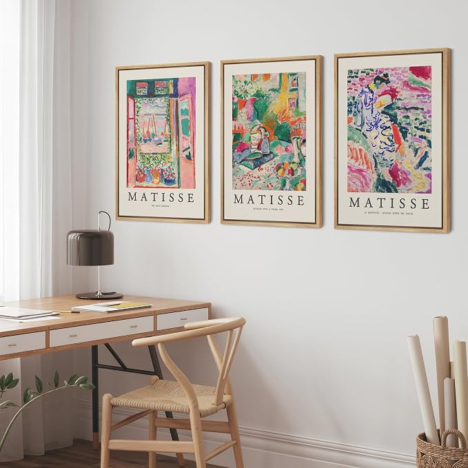 wall26 Framed Canvas Wall Art Print Set French Floral Rainbow Landscapes Henri Matisse Nature Plants Illustrations Modern Relax/Calm Multicolor for Living Room, Bedroom, Office - 24"x36"x3 Natural