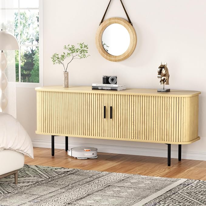55''W Storage Cabinet, Fluted Sideboard Buffet Cabinet with Storage, Console Table Credenza with Tambour Slatted Sliding Doors and Shelves, Modern TV Stand for Living Room, Kitchen, Entryway, Natural