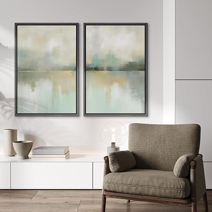 IDEA4WALL Framed Canvas Print Wall Art Set Golden Mist Lake Abstract Water Landscape Illustrations Modern Art Decorative Coastal Cottage Seascape for Bedroom - 16"x24"x2 Black