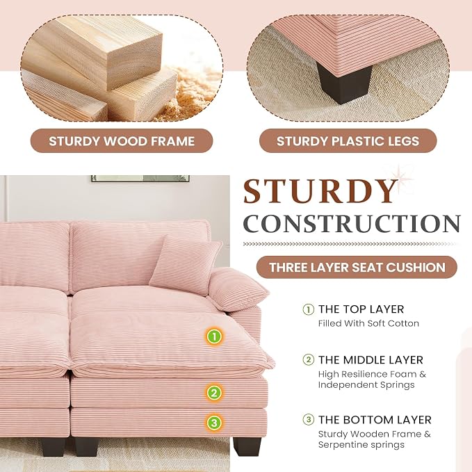 Modular Sectional Sofa Cloud Couch, Comfy Corduroy Loveseat with Ottoman Upholstered Deep Seat Sleeper Sofa Bed 2 Seater Couch Oversized Chaise Lounge Chair Indoor for Living Room Bedroom, Pink