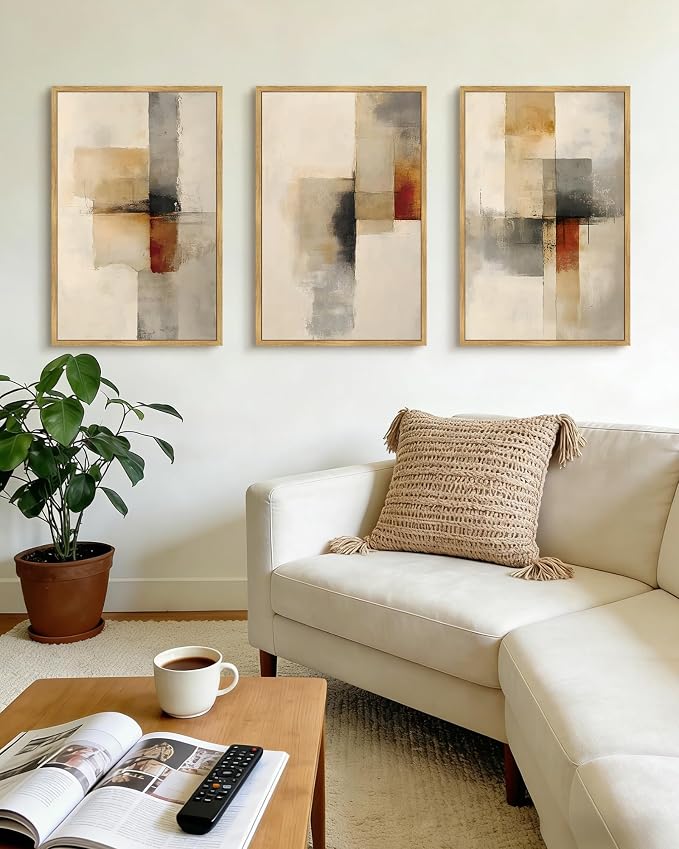 KUVIOKE Framed Abstract Wall Art Minimalist Beige Gray Red Pastel Watercolor Wall Decor Modern Neutral Art Print Home Decor 24x36in (Natural Framed)