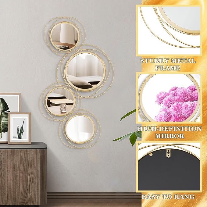 4 Set Circle Mirrors for Wall Decor for Living Room Bedroom Bathroom Entryway Metal Round Mirror Decorative Hanging Mirrors Sun Bohemian Geometric Accent Sculpture -Gold 11 in/9.2 in