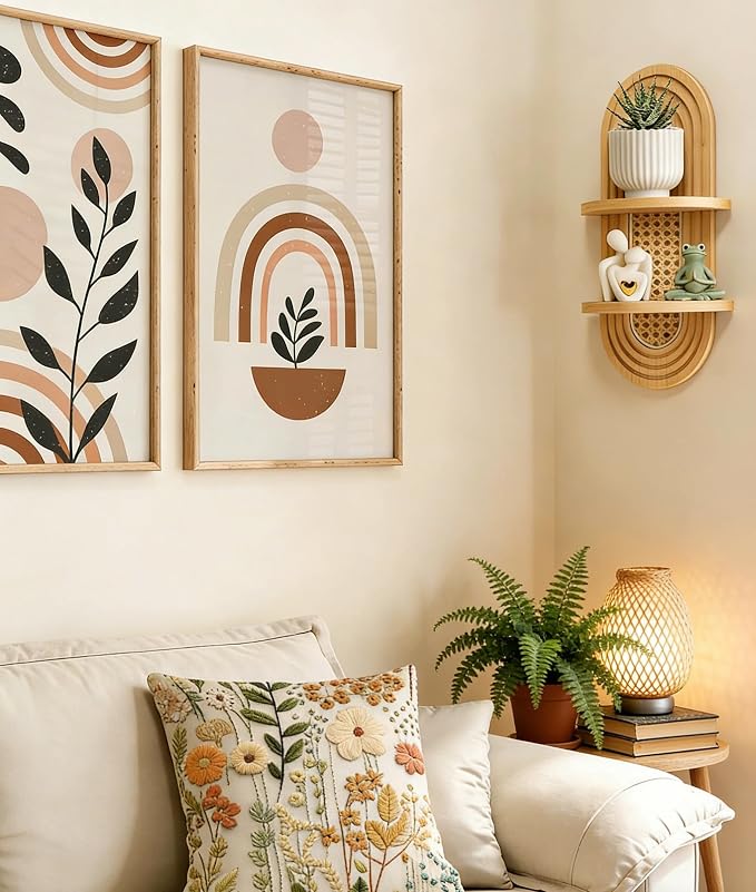 2-Tier Woven Rattan Floating Shelves, Mid-Century Modern Boho Wooden Wall Hanging Decor Plant Shelf for Living Room, Bedroom, Bathroom, Home Office, Ideal for Small Planters & Accents (Natural)