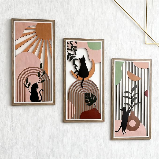 Boho Black Cat Wall Art for Living Room - 3Pcs Cat & Sun Wood Wall Decor, Minimalist Geometric Black Cat Design, Rustic Bohemian Hanging Art for Women, Homeowners, Renters, Bedroom, Bathroom, Office, Housewarming Gift for Cat Lovers