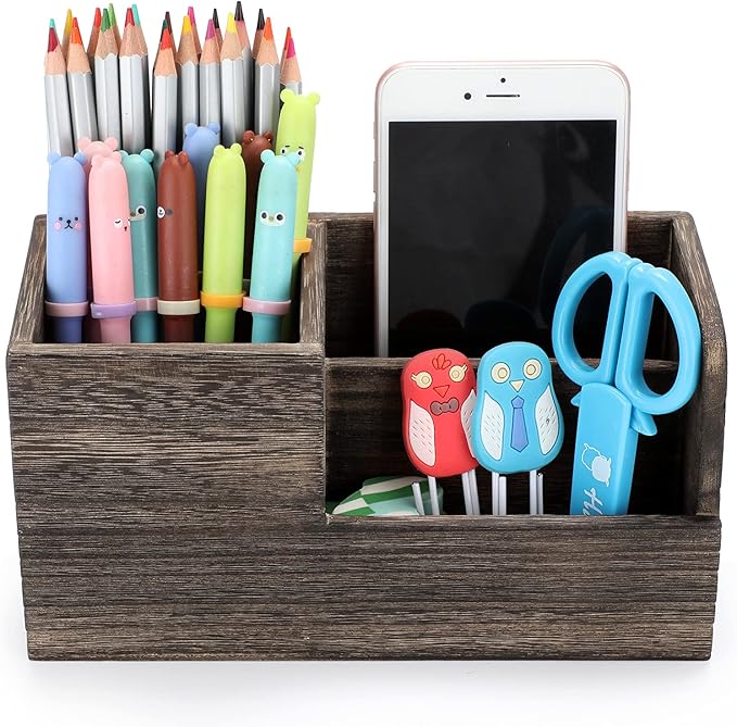 BTSKY Desk Pen Pencil Holder Retro Wood Multi-Function Desk Stationery Organizer Storage Box Pen/Pencil, Business Name Cards Remote Control Holder Office Home Accessories Organizer Vintage Brown