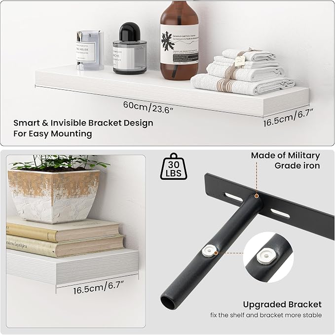 Heimlove 24 Inch Floating Shelves for Wall,Mounted Storage Wood Shelves with Invisible Brackets Hanging Shelf for Bedroom,Living Room,Kitchen,Office,Set of 2,White