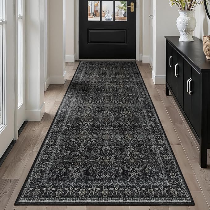 Dark 3x8 Hallway Runner Rug, Entryway Kitchen Runners Non Skid Washable 8 ft, Non Slip Ultra Thin Carpet Runner for Corridor Mudroom Foyer Bathroom Bedroom, Vintage Farmhouse Midnight