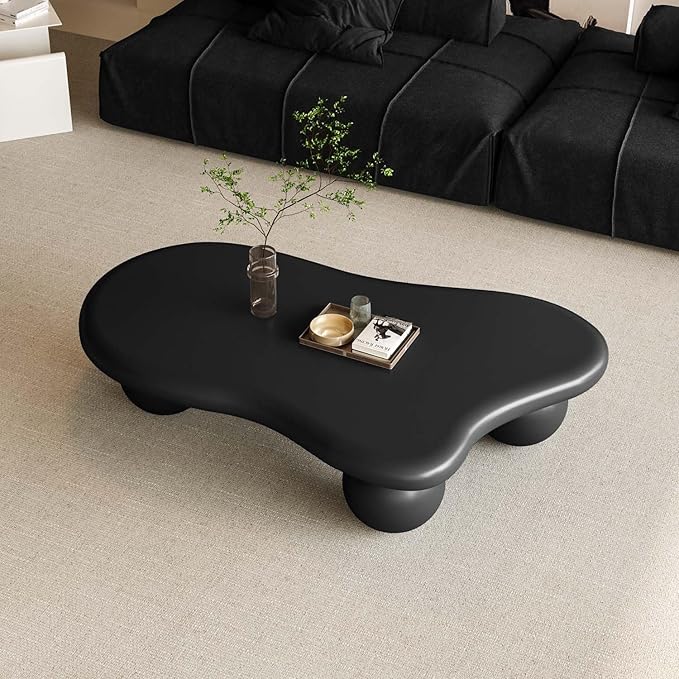 47" Modern Black Coffee Table Cloud Shape Low Center Table Cute Irregular Indoor Tea Table with 3 Ball Legs for Living Room Small Space