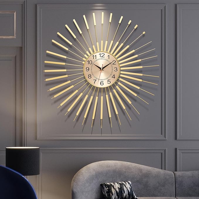 Gold Wall Clock Decor Silent 24" Battery Operated, Mid Century Modern Decorative Clock Metal Hanging for Living Room Bedroom Office
