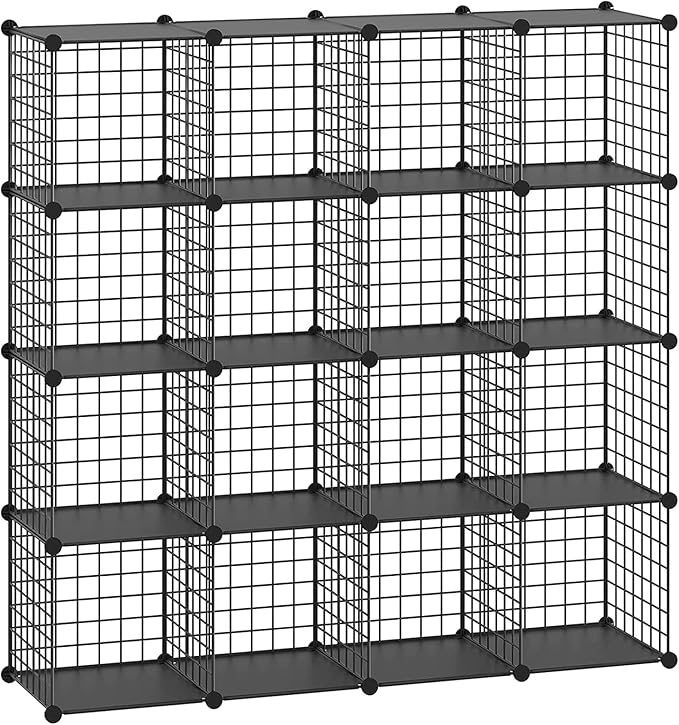 HUBSON Wire Cube Organizer, Book/Toy/Craft/Potted Plants and Pet Closet Organizers, 16-Cube Freely Combinable Metal Grids Storage Shelf, Black Plus Iron