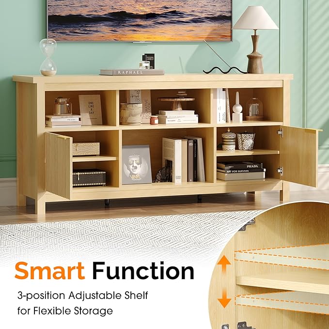 VINGLI 58" Fluted TV Stand for TVs up to 70", Modern TV Stand with Storage & Adjustable Shelves, Elegant Media Console Entertainment Center for Living Room & Bedroom, Oak