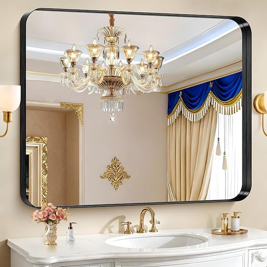 CIRCUMI Black Bathroom Mirror, 40"x48" Rectangular Mirror with Deep Metal Frame, Rounded Corner, Tempered Glass, Large Mirror for Wall, Over 2 Sinks, Installed Vertically/Horizontally, Crystal-Clear