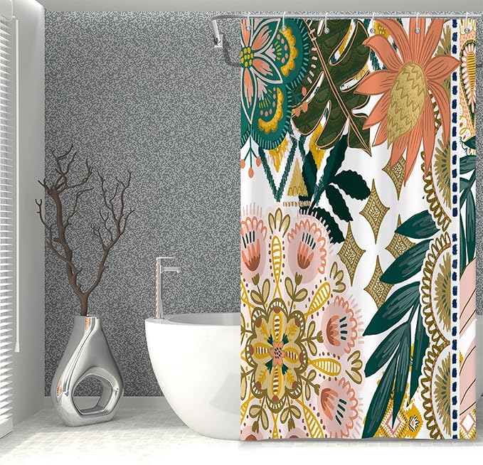 Bohemian Floral Bathroom Shower Curtain with Hooks - Colorful Boho Leaves Flowers - Polyester Waterproof Fabric Paisley - Unique Trendy Woman Shower Decor, 36x72 Inch