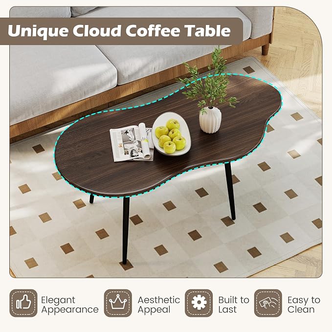 Giantex Small Coffee Table, 39.5" Cloud Center Table with Metal Frame, Unique Irregular Accent Cocktail Tea Table, Modern Wood Coffee Table for Living Room, Small Spaces (Walnut)