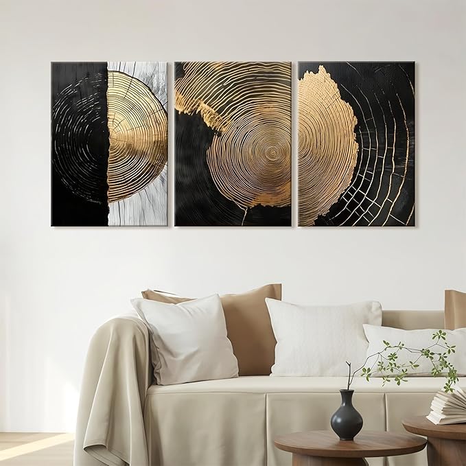 3Pcs Framed Minimalist Abstract Black Golden Canvas Wall Art Vintage Tree Ring Wall Decor Pictures Modern Rustic Posters Prints for Living Room Office Hallway Home Decoration 16x24in Ready to Hang